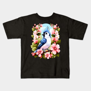 Cute Tufted Titmouse Surrounded by Vibrant Spring Flowers Kids T-Shirt